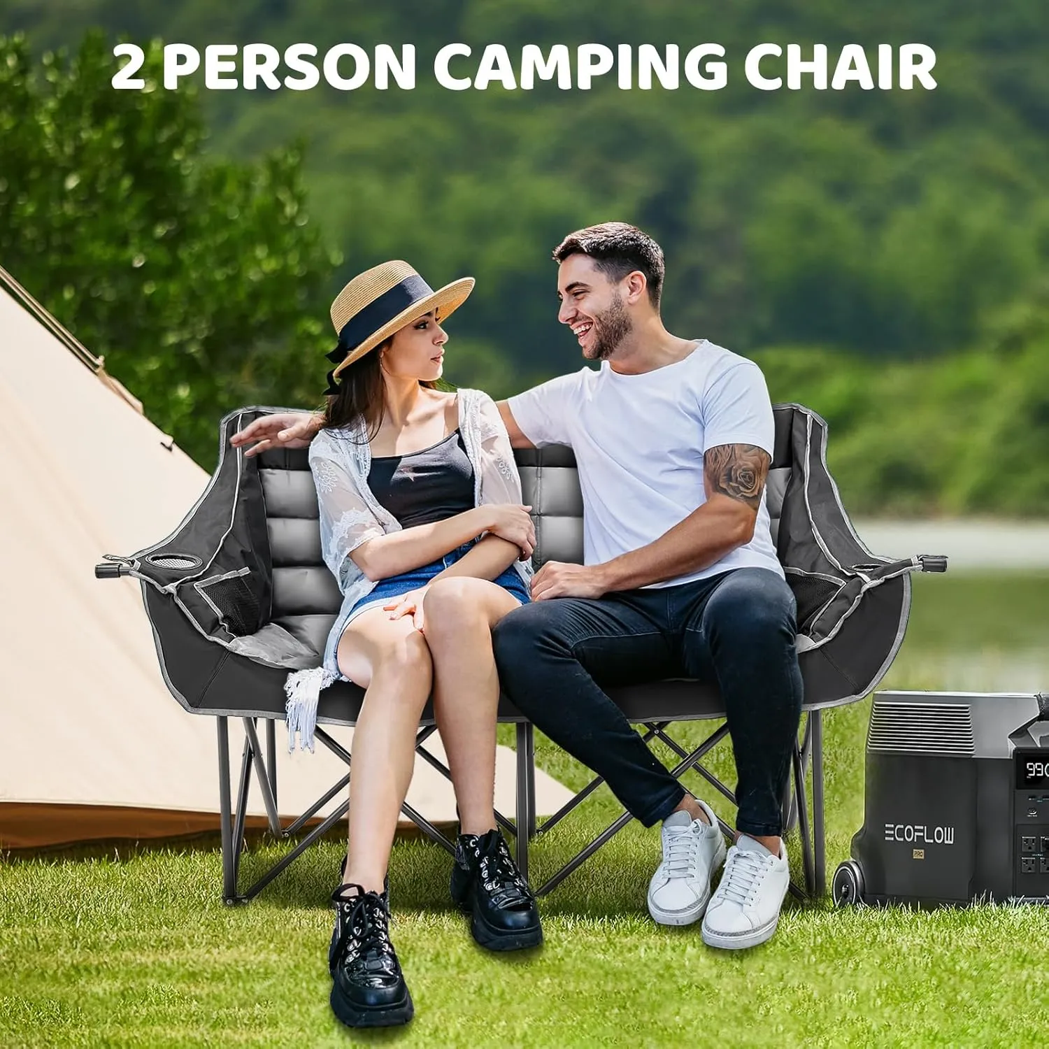 Double Camping Chair for Adults, 2 Person Loveseat Chair with Cup & Wine Glass Holder, Portable Padded Double Folding Chairs for Outdoor Camp Lawn Picnic Sports, Support 600LBS (Black Grey)