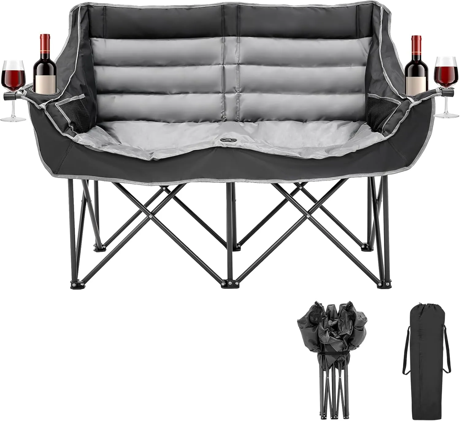 Double Camping Chair for Adults, 2 Person Loveseat Chair with Cup & Wine Glass Holder, Portable Padded Double Folding Chairs for Outdoor Camp Lawn Picnic Sports, Support 600LBS (Black Grey)