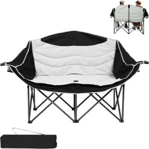 Double Camping Chair Oversized Fully Padded Folding Loveseat Camping Couch Heavy Duty Double Duo Chair 500LBS Support with Cup Holder, Carrying Bag - Black&Grey