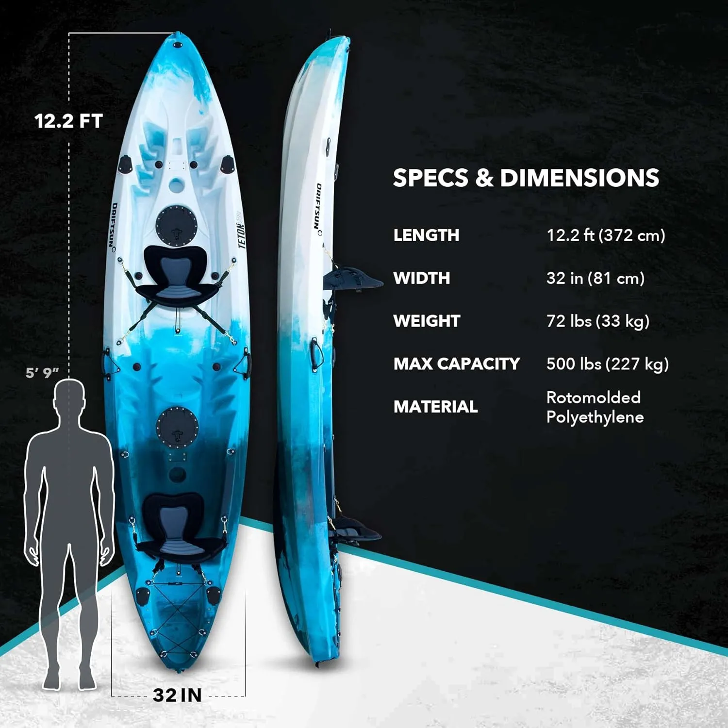 DRIFTSUN Teton 120 Hard Shell Kayak, 2 or 3 Person Sit On Top Fishing Kayak with 2 EVA Padded Seats, Includes 2 Aluminum Paddles and Fishing Rod Holder Mounts