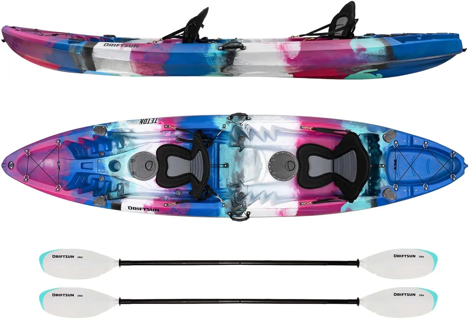 DRIFTSUN Teton 120 Hard Shell Kayak, 2 or 3 Person Sit On Top Fishing Kayak with 2 EVA Padded Seats, Includes 2 Aluminum Paddles and Fishing Rod Holder Mounts