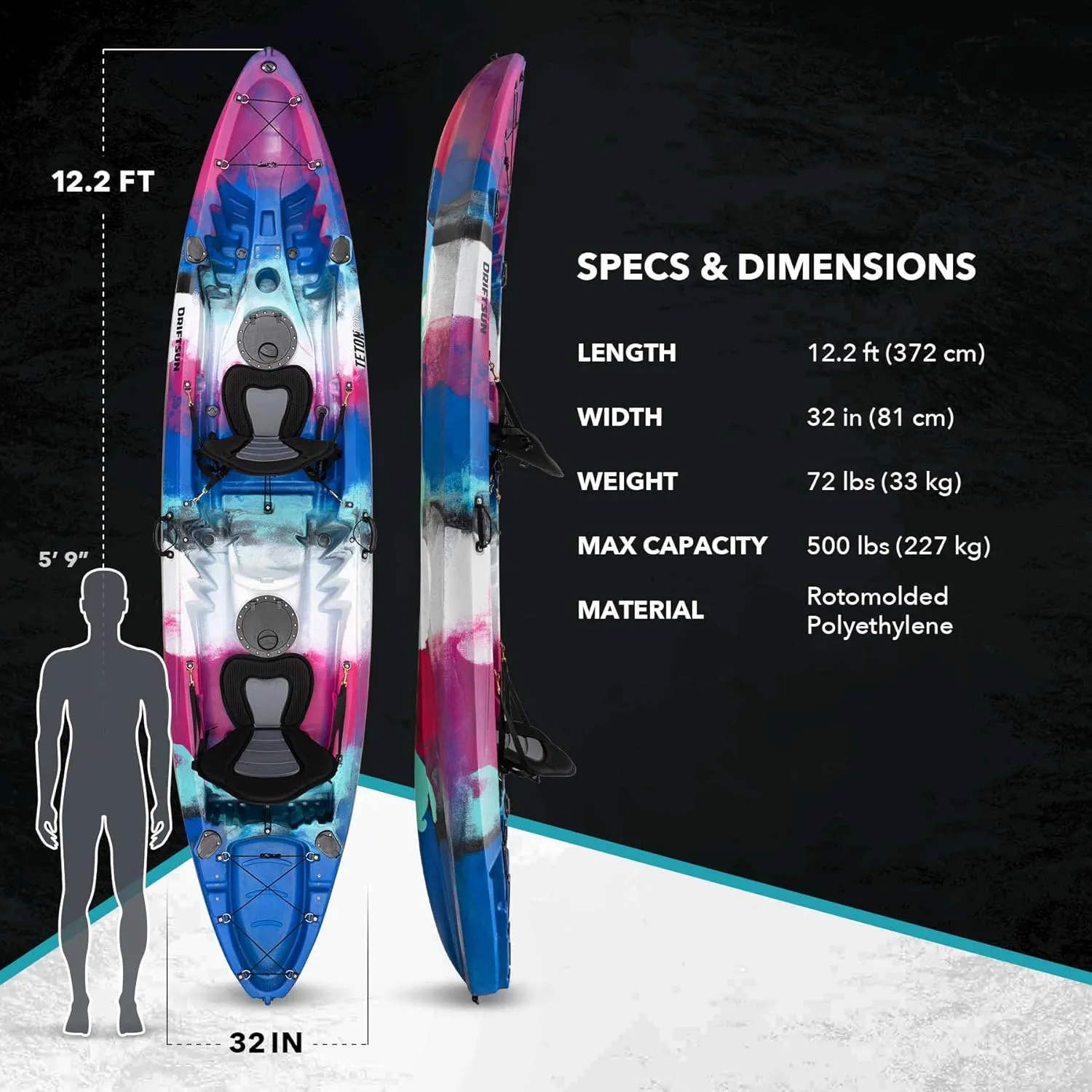 DRIFTSUN Teton 120 Hard Shell Kayak, 2 or 3 Person Sit On Top Fishing Kayak with 2 EVA Padded Seats, Includes 2 Aluminum Paddles and Fishing Rod Holder Mounts