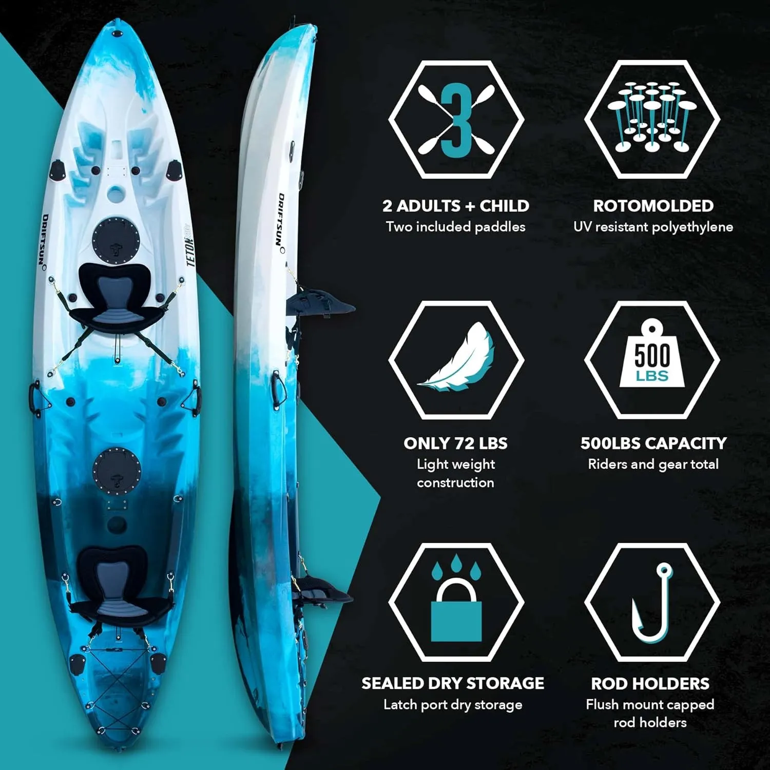 DRIFTSUN Teton 120 Hard Shell Kayak, 2 or 3 Person Sit On Top Fishing Kayak with 2 EVA Padded Seats, Includes 2 Aluminum Paddles and Fishing Rod Holder Mounts