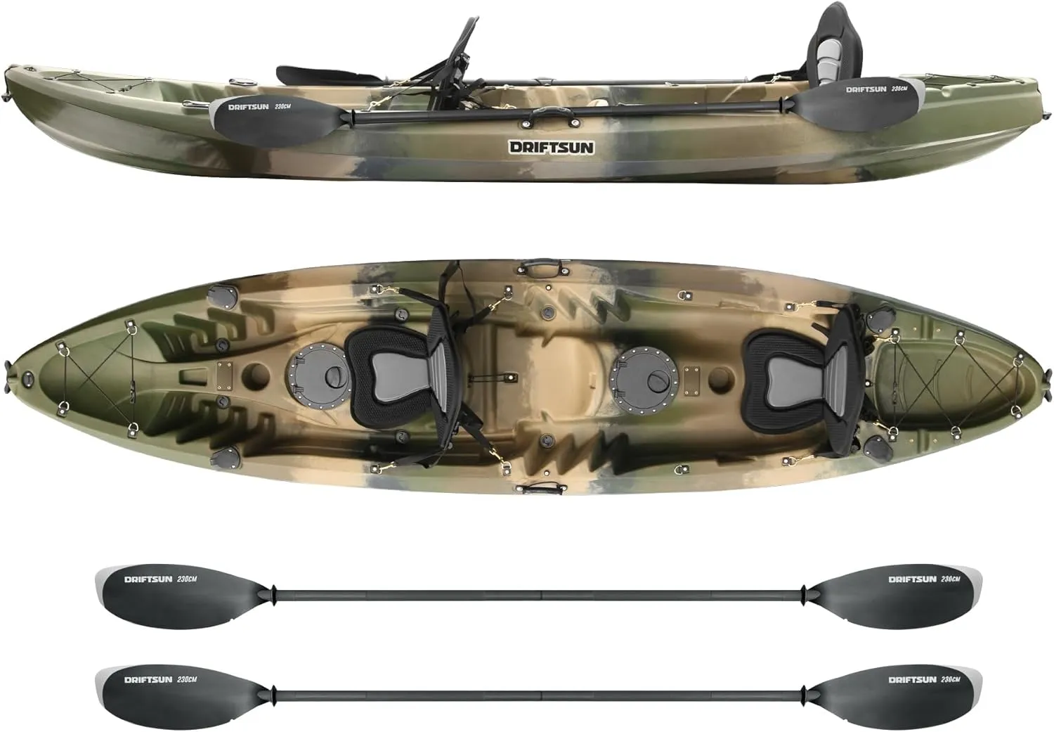 DRIFTSUN Teton 120 Hard Shell Kayak, 2 or 3 Person Sit On Top Fishing Kayak with 2 EVA Padded Seats, Includes 2 Aluminum Paddles and Fishing Rod Holder Mounts