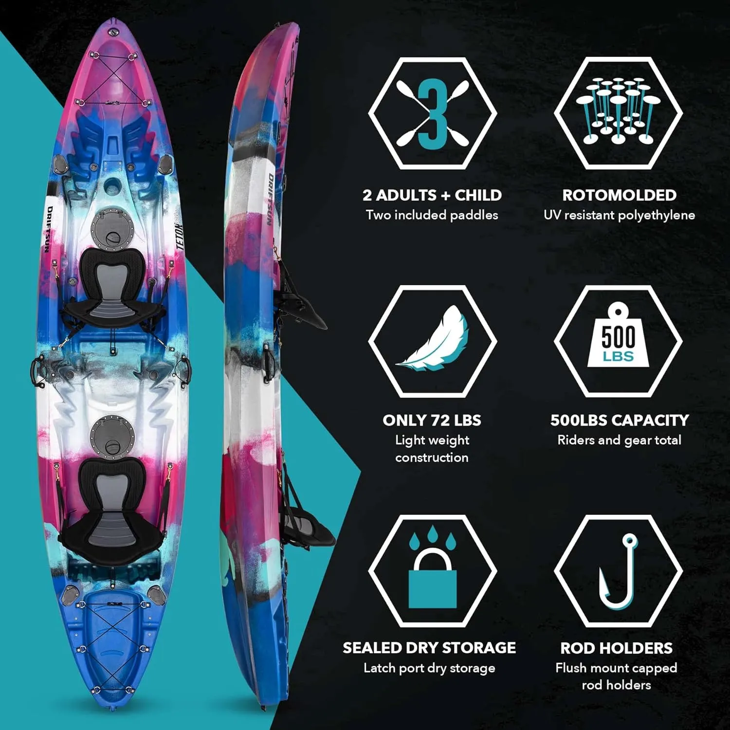 DRIFTSUN Teton 120 Hard Shell Kayak, 2 or 3 Person Sit On Top Fishing Kayak with 2 EVA Padded Seats, Includes 2 Aluminum Paddles and Fishing Rod Holder Mounts