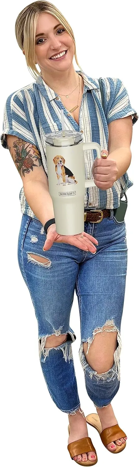 E&S Pets SERENGETI 40 Oz Ultimate Tumbler with Handle and Straw - Vacuum Insulated Tumbler with Straw and Lid - Stainless Steel Travel Mug for Pet Lovers - 3D Designs of your favorite Dog (Beagle)