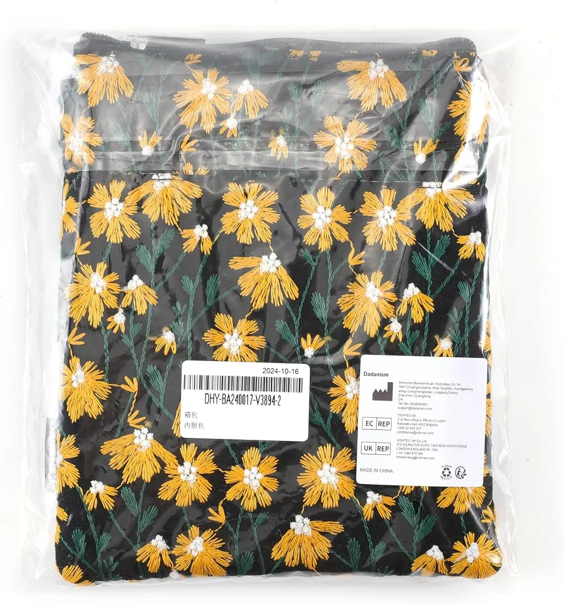 Embroidered Daisy Padded Sleeve for All-New Kindle Paperwhite, 7" Kindle Colorsoft Signature Edition, Protective Sleeve Case for 6" K-indle/K-indle Oasis/Kobo E-Reader, Black & Yellow Daisy