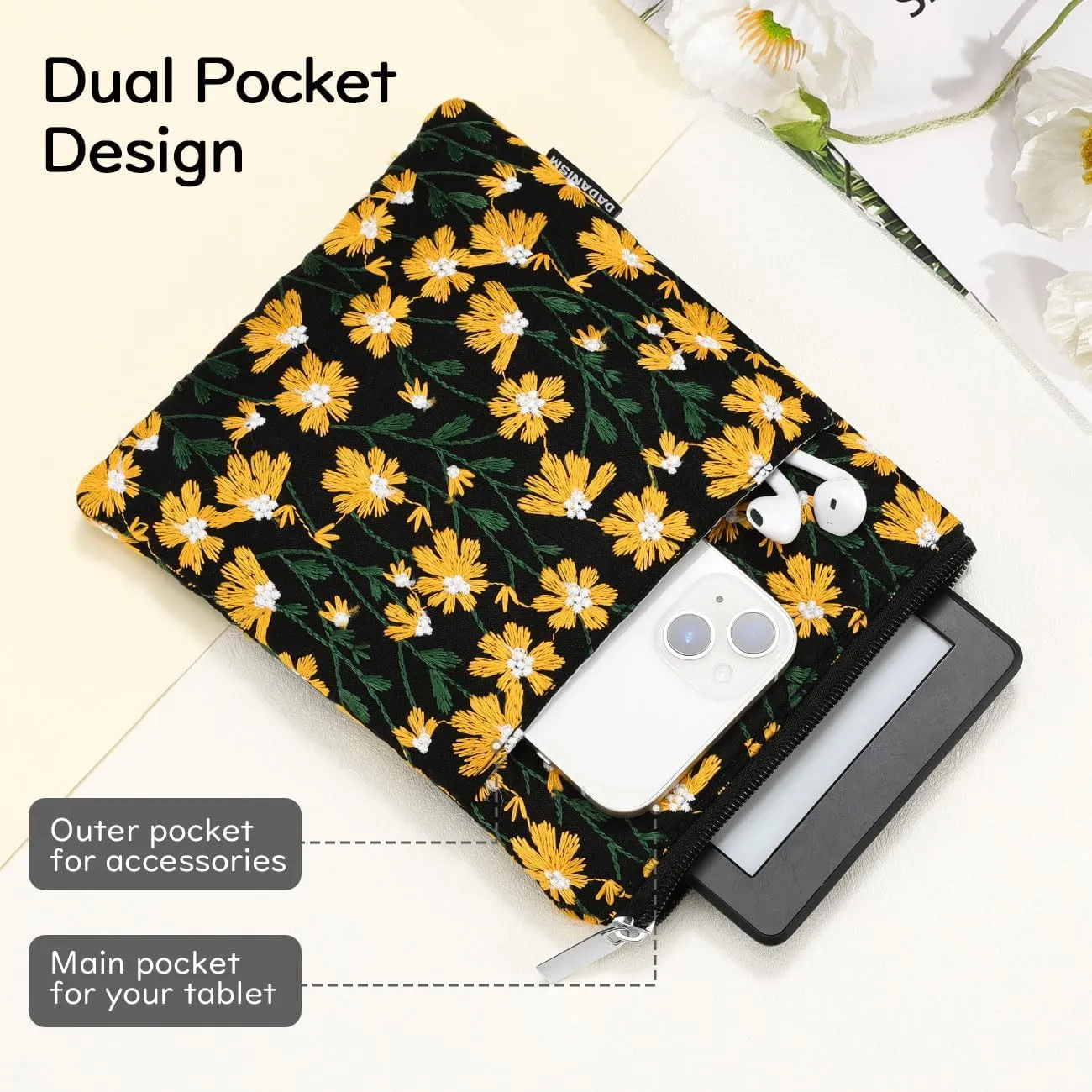 Embroidered Daisy Padded Sleeve for All-New Kindle Paperwhite, 7" Kindle Colorsoft Signature Edition, Protective Sleeve Case for 6" K-indle/K-indle Oasis/Kobo E-Reader, Black & Yellow Daisy