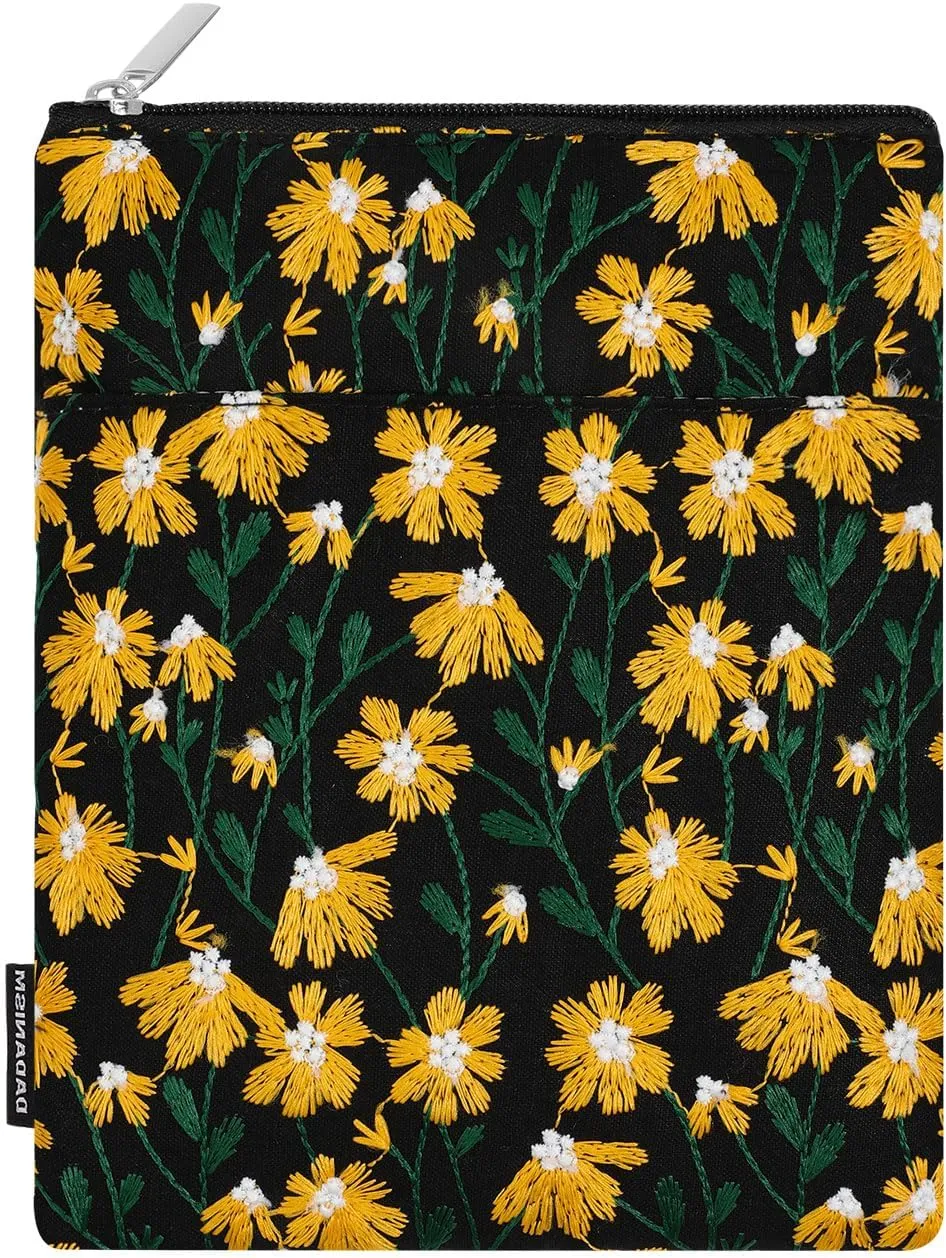 Embroidered Daisy Padded Sleeve for All-New Kindle Paperwhite, 7" Kindle Colorsoft Signature Edition, Protective Sleeve Case for 6" K-indle/K-indle Oasis/Kobo E-Reader, Black & Yellow Daisy