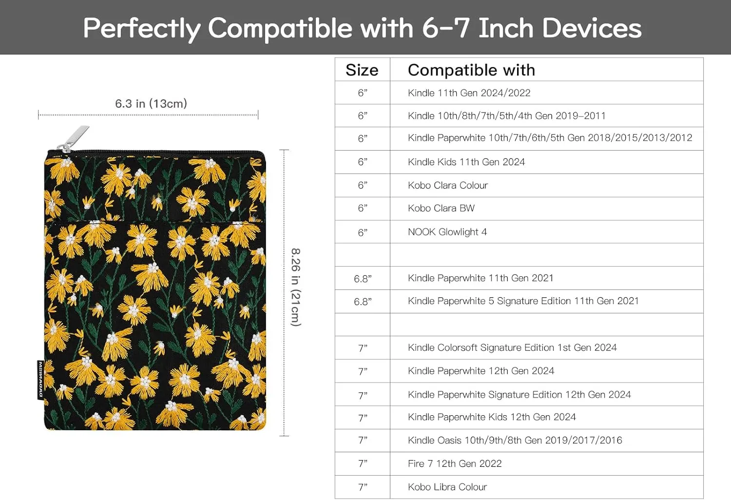 Embroidered Daisy Padded Sleeve for All-New Kindle Paperwhite, 7" Kindle Colorsoft Signature Edition, Protective Sleeve Case for 6" K-indle/K-indle Oasis/Kobo E-Reader, Black & Yellow Daisy