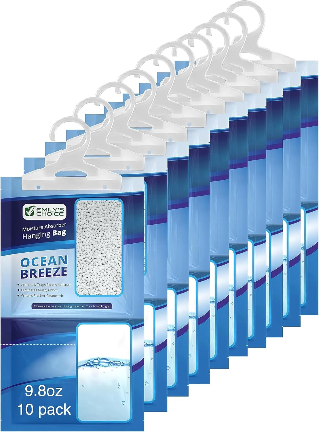 Emily's Choice Ocean Breeze Hanging Moisture Absorber, 10 Pack - Eliminates Musty Odors for Fresher, Cleaner Air, Ideal for Closet, RV, Boat,Large 16oz / 500ml Catch Basin/Comparable to Damp Rid