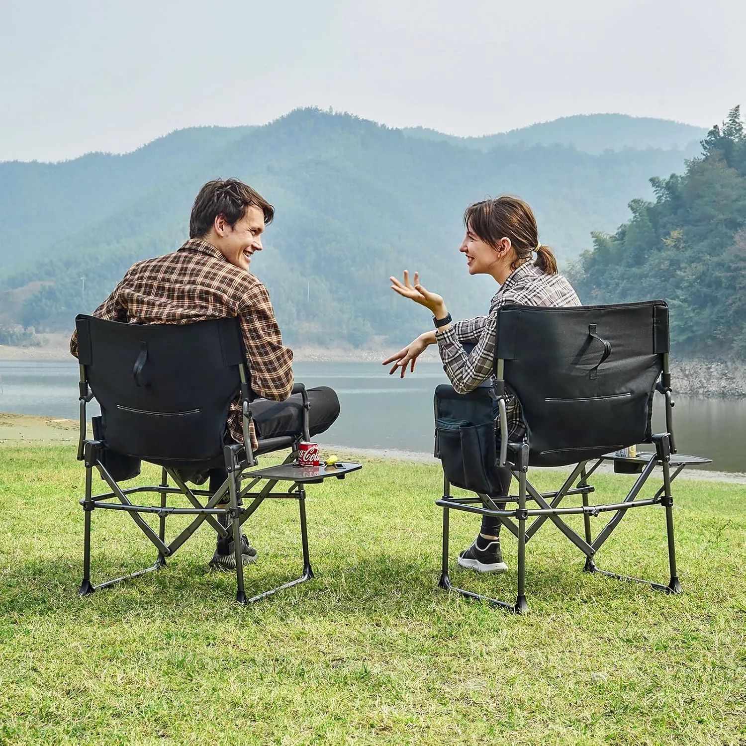 EVER ADVANCED Camping Directors' Chair with Side Table, Portable Folding with Compact Size, Heavy Duty Lawn Chair with Pocket for Camping, Lawn, Sports and Fishing, 400lbs, Black 2 Pack