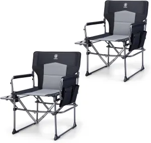 EVER ADVANCED Camping Directors' Chair with Side Table, Portable Folding with Compact Size, Heavy Duty Lawn Chair with Pocket for Camping, Lawn, Sports and Fishing, 400lbs, Black 2 Pack