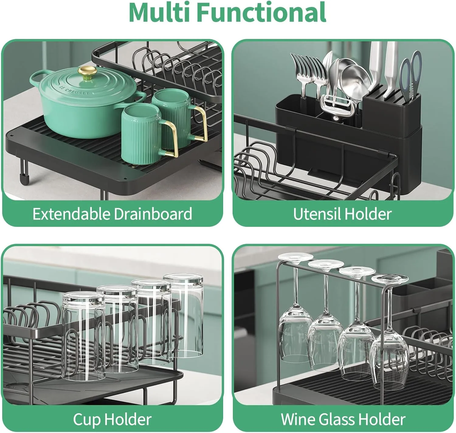 Expandable Dish Drying Rack for Kitchen Counter, Large Extendable Dish Rack with Wine Glasses, Cups and Cutlery Holders, Dish Dryer Drainer