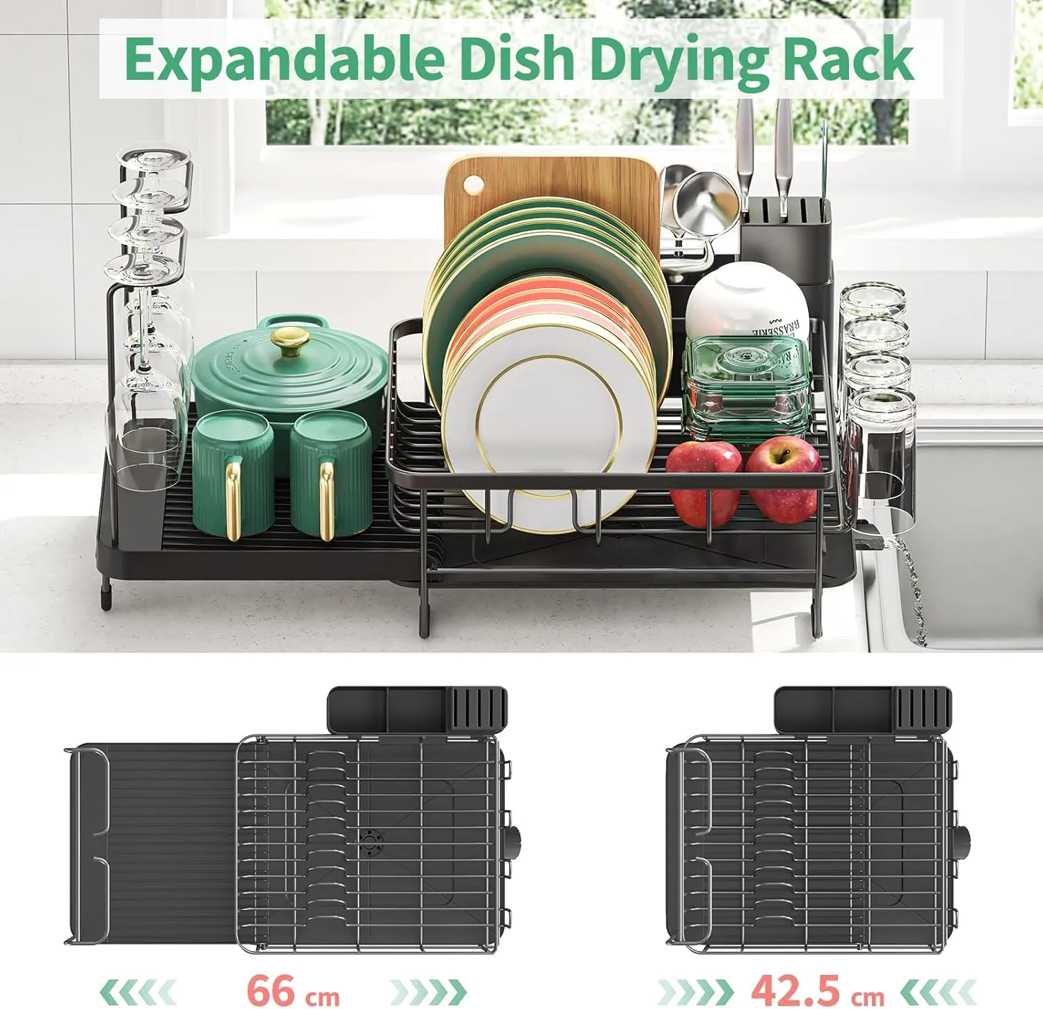 Expandable Dish Drying Rack for Kitchen Counter, Large Extendable Dish Rack with Wine Glasses, Cups and Cutlery Holders, Dish Dryer Drainer
