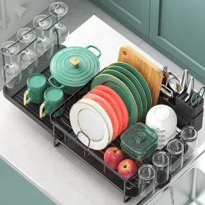 Expandable Dish Drying Rack for Kitchen Counter, Large Extendable Dish Rack with Wine Glasses, Cups and Cutlery Holders, Dish Dryer Drainer