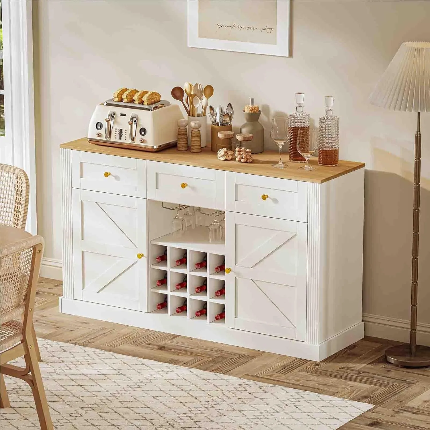 Farmhouse Wine Bar Cabinet, 54" Coffee Bar Cabinet with Wine Rack and Glass Holder, 3 Drawers, Modern Liquor Rustic Buffet Sideboard for Living Room, Kitchen, Entryway, White