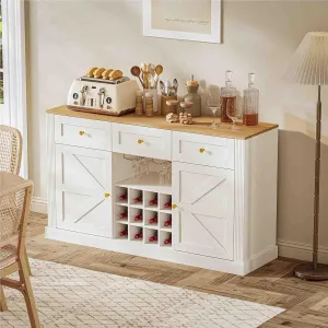 Farmhouse Wine Bar Cabinet, 54" Coffee Bar Cabinet with Wine Rack and Glass Holder, 3 Drawers, Modern Liquor Rustic Buffet Sideboard for Living Room, Kitchen, Entryway, White