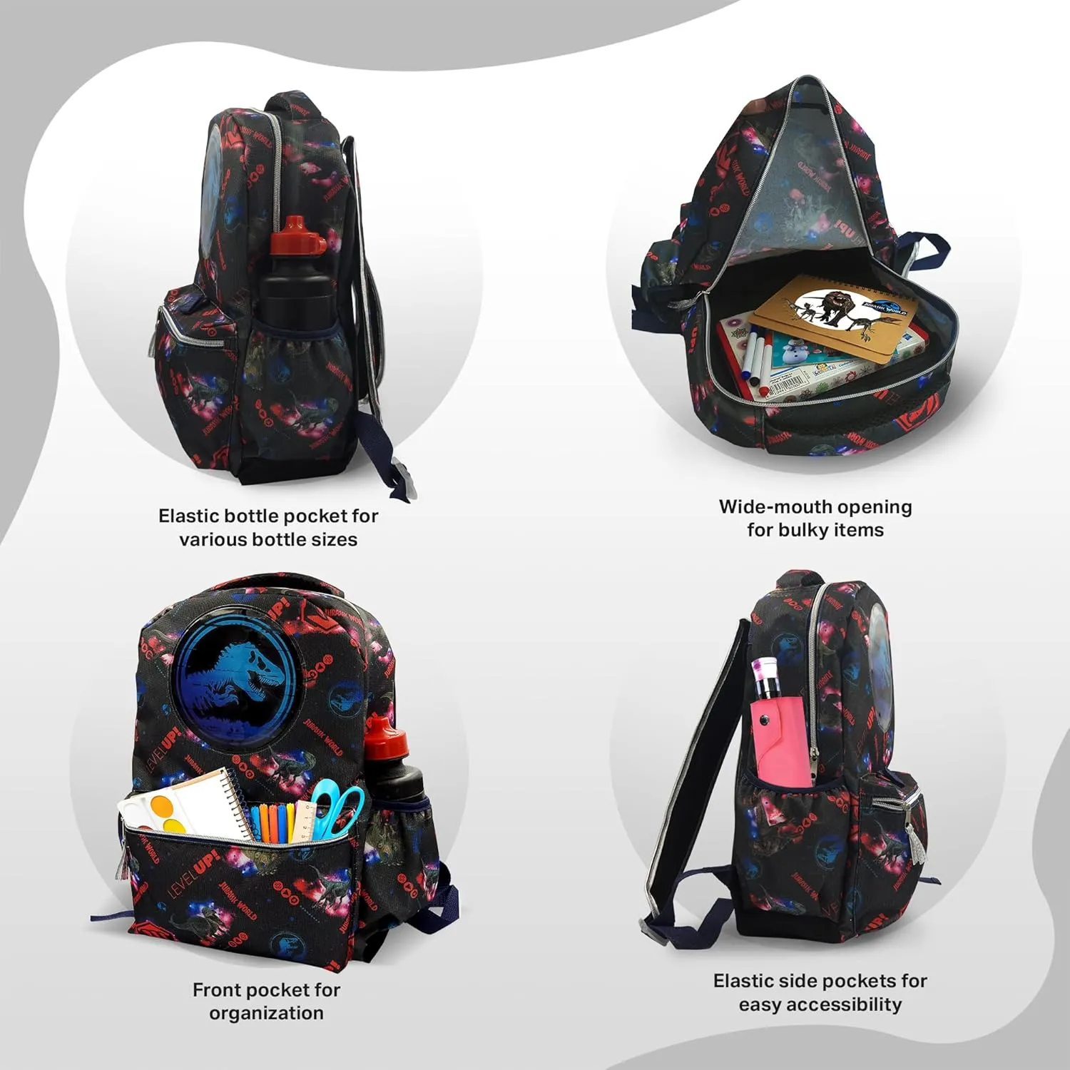 Fast Forward Jurassic Park Backpack for kids 16 inch- 6 pieces Set, Dinosaur Backpack with Lunch Box, Perfect for Back to School & Elementary Age Boys