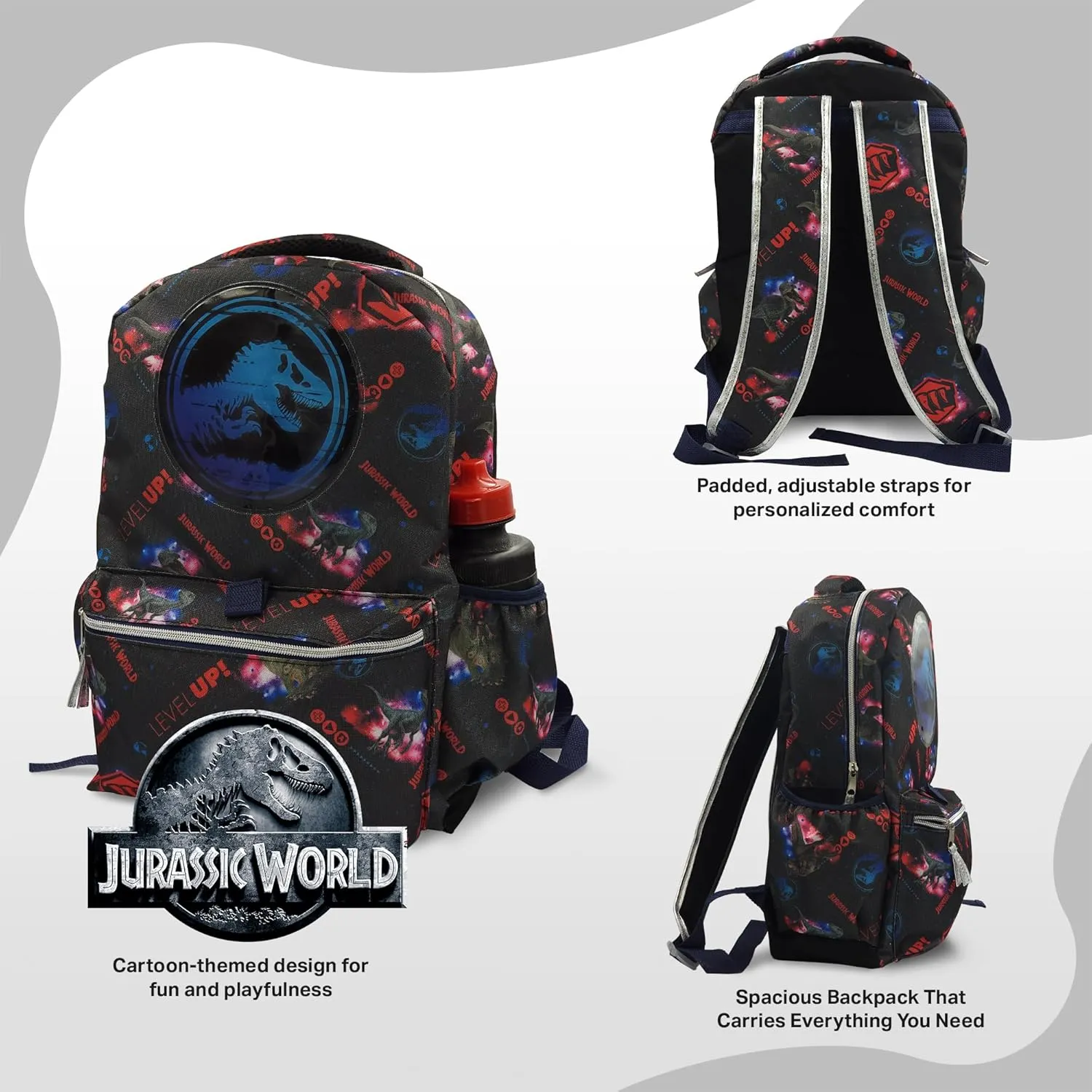 Fast Forward Jurassic Park Backpack for kids 16 inch- 6 pieces Set, Dinosaur Backpack with Lunch Box, Perfect for Back to School & Elementary Age Boys