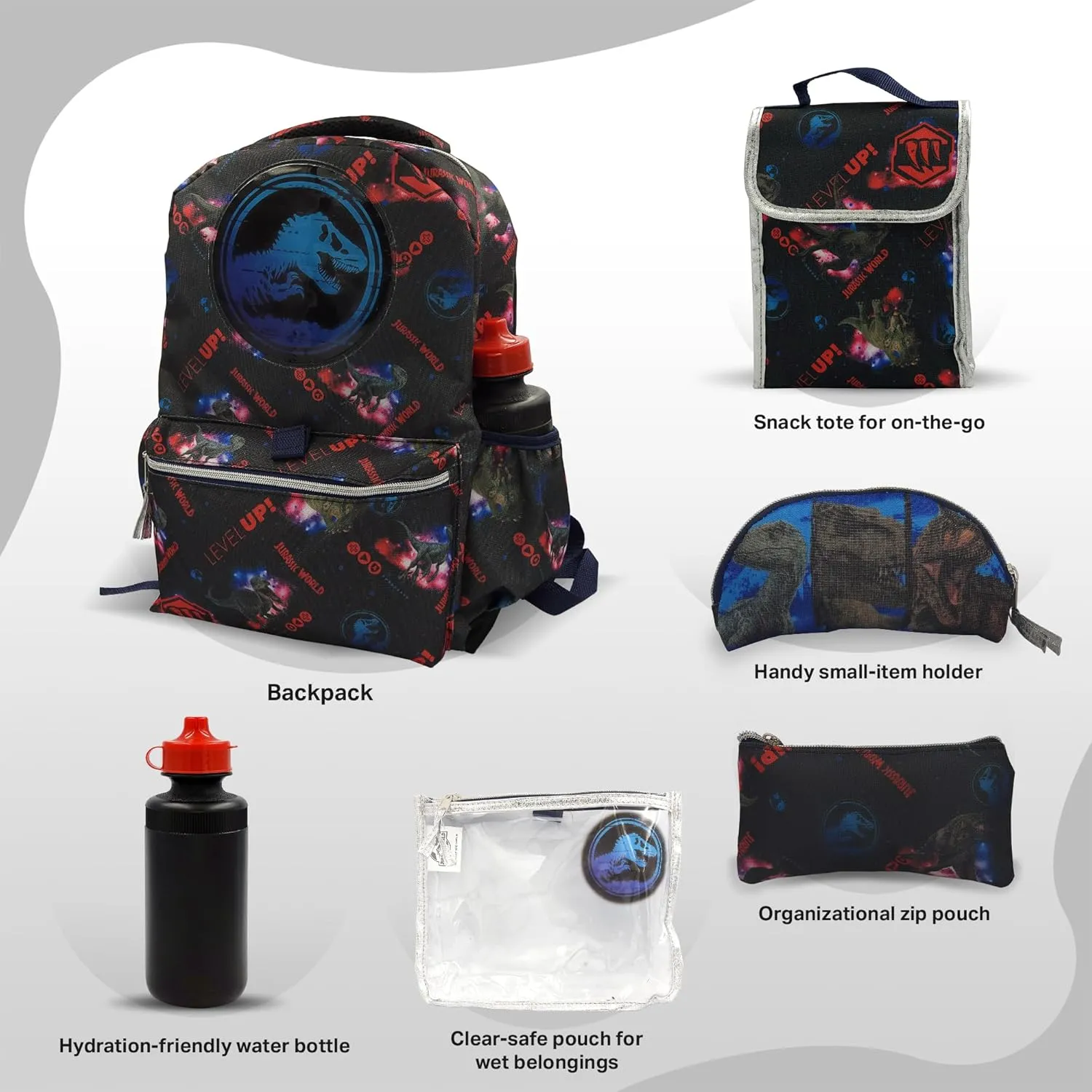 Fast Forward Jurassic Park Backpack for kids 16 inch- 6 pieces Set, Dinosaur Backpack with Lunch Box, Perfect for Back to School & Elementary Age Boys