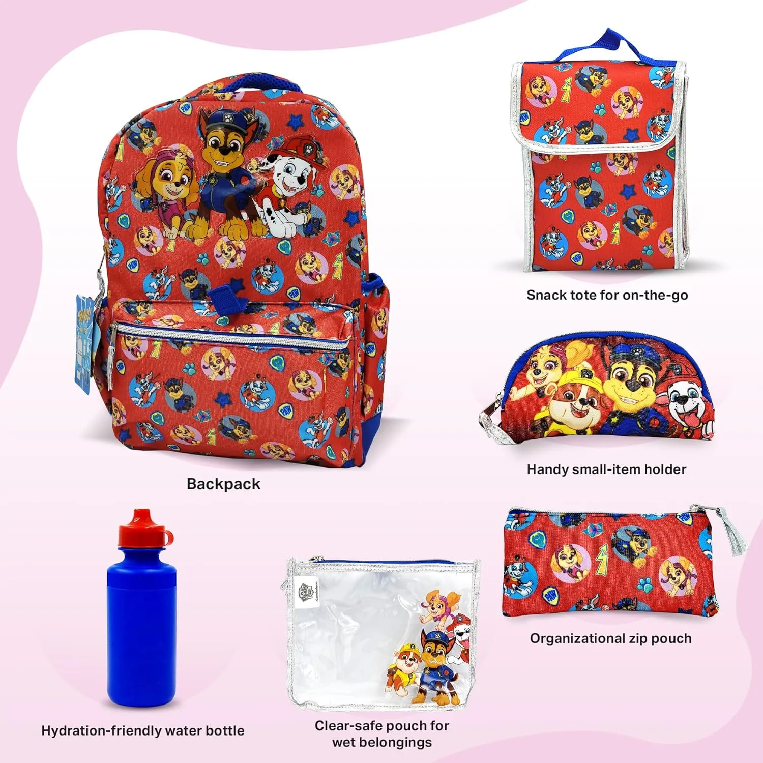 Fast Forward Paw Patrol Backpack Large 16 inch 6-piece Set for Kids, Paw Patrol Book Bag with Lunch Box, Perfect for Back to School & Elementary Age
