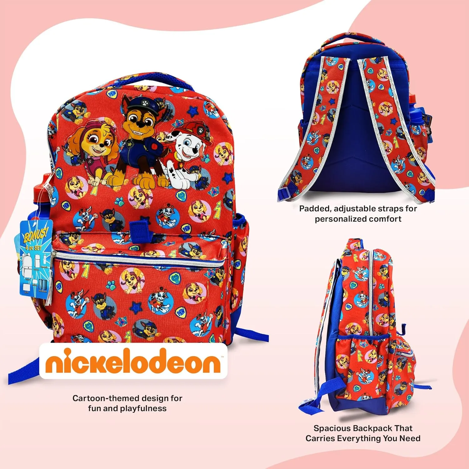 Fast Forward Paw Patrol Backpack Large 16 inch 6-piece Set for Kids, Paw Patrol Book Bag with Lunch Box, Perfect for Back to School & Elementary Age