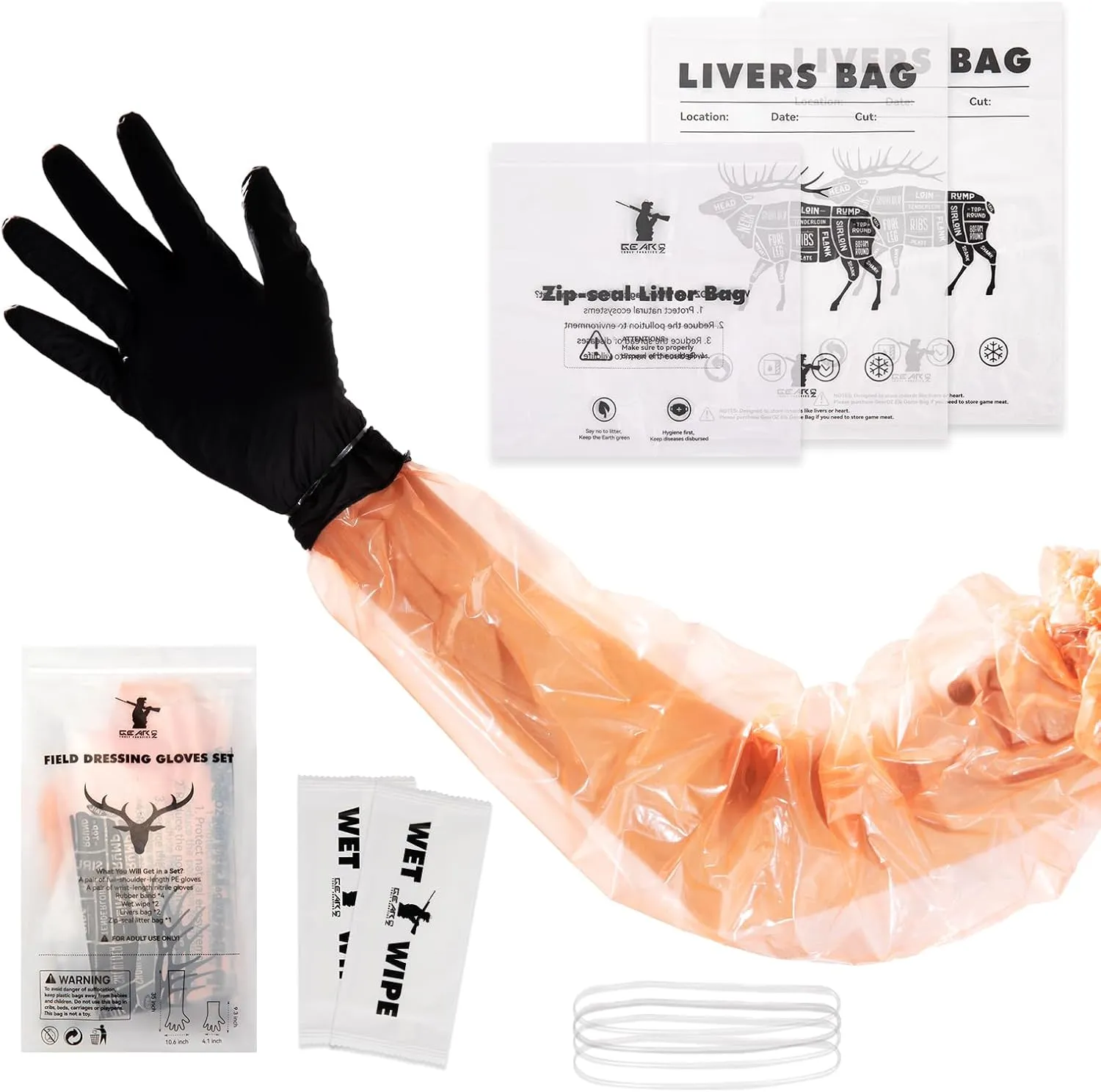 Field Dressing Groves Set for Deer Gutting Cleaning Disposable, 10 Set Hunting Field Games Processing Gloves Tool Kit, Full-Shoulder-Length & Wrist-Length Gloves Combo Pack, 20 Pairs
