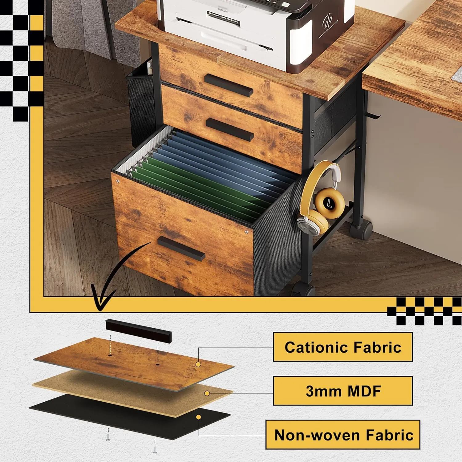 File Cabinet Printer Stand, Fabric Mobile Filing Cabinet with 3 Storage Drawers, for Hanging A4, Letter Size File Folders, Storage Bag and Hooks Home Office, Rustic Brown