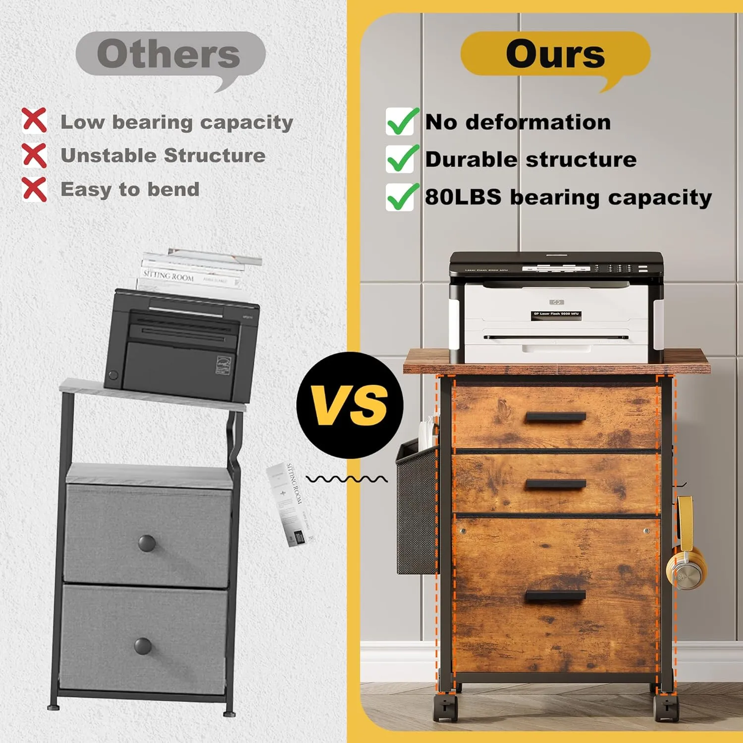 File Cabinet Printer Stand, Fabric Mobile Filing Cabinet with 3 Storage Drawers, for Hanging A4, Letter Size File Folders, Storage Bag and Hooks Home Office, Rustic Brown