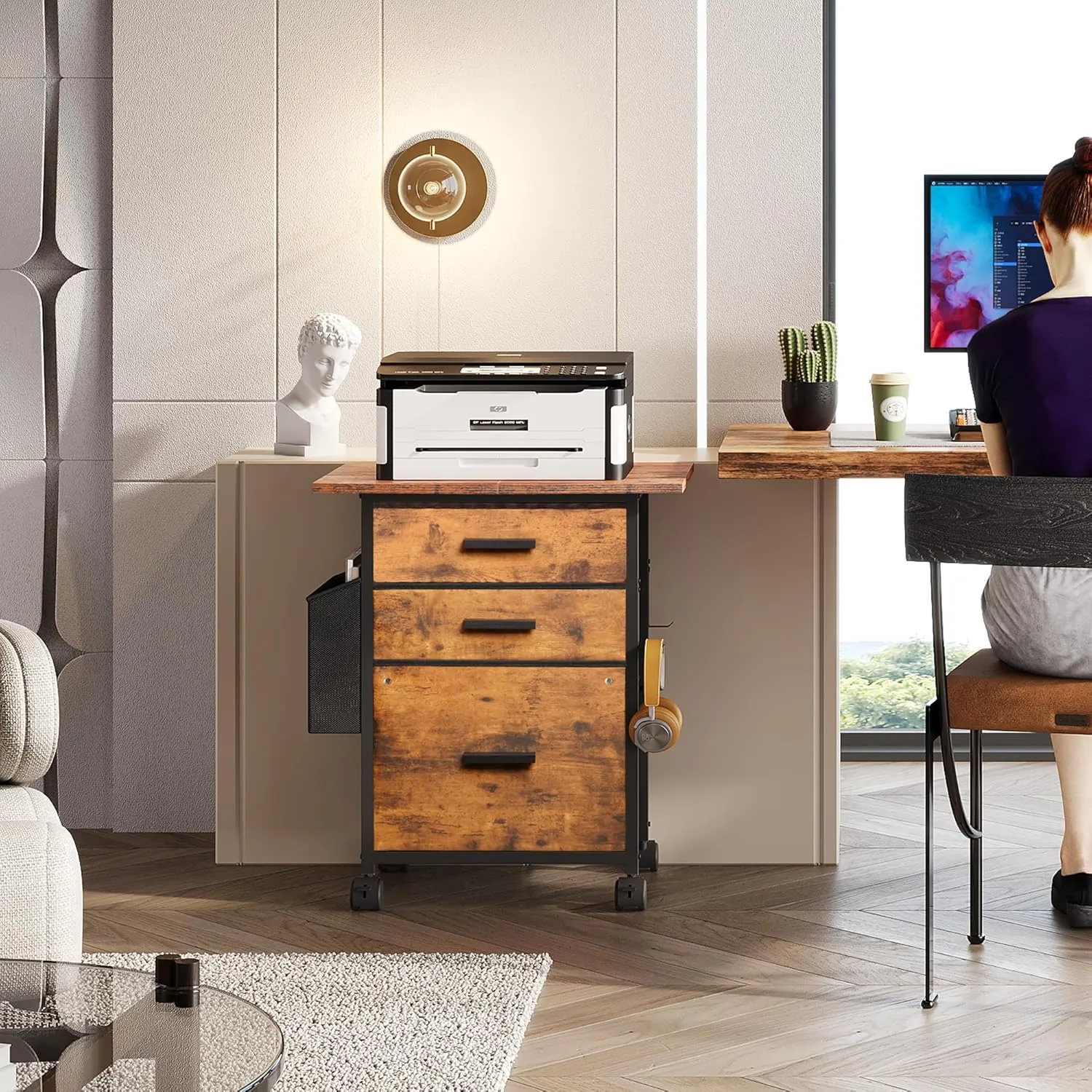 File Cabinet Printer Stand, Fabric Mobile Filing Cabinet with 3 Storage Drawers, for Hanging A4, Letter Size File Folders, Storage Bag and Hooks Home Office, Rustic Brown