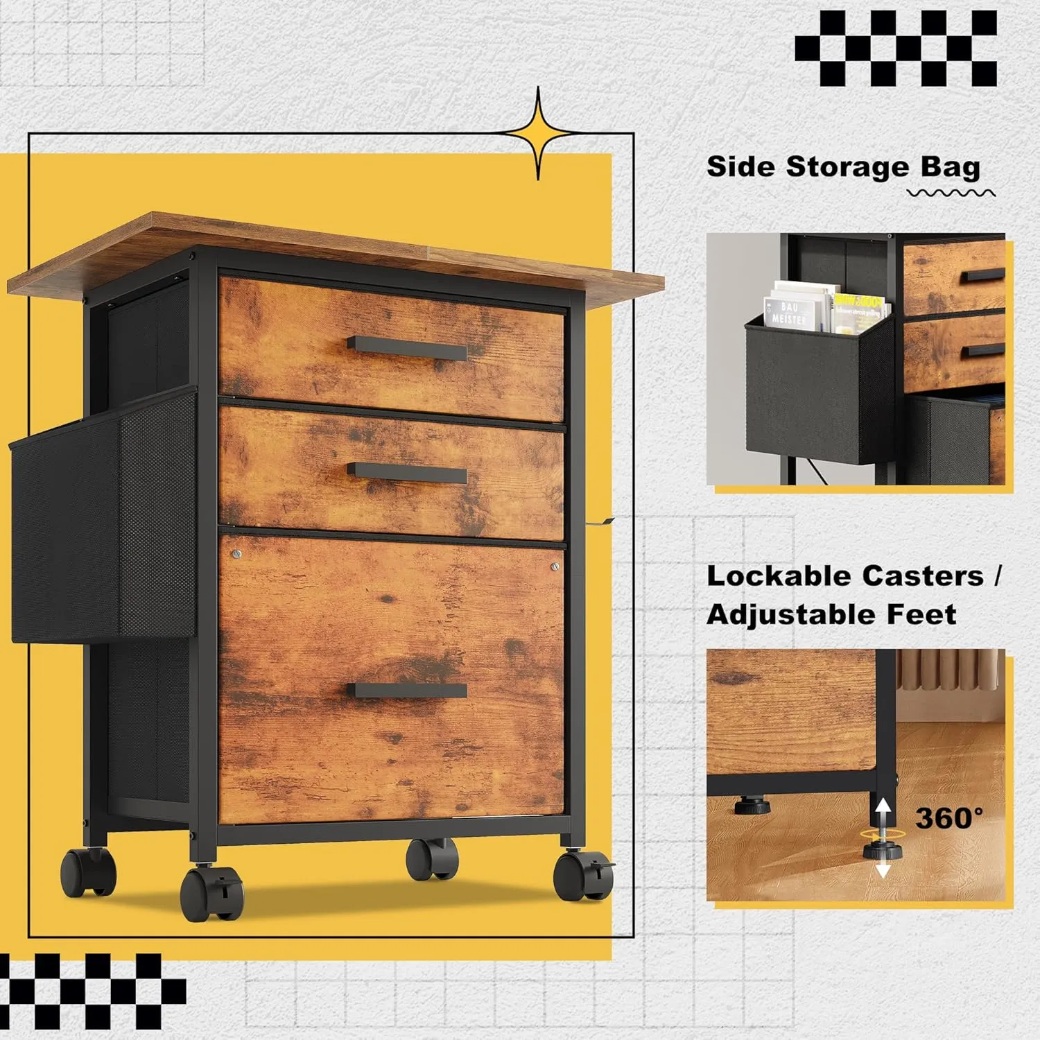 File Cabinet Printer Stand, Fabric Mobile Filing Cabinet with 3 Storage Drawers, for Hanging A4, Letter Size File Folders, Storage Bag and Hooks Home Office, Rustic Brown