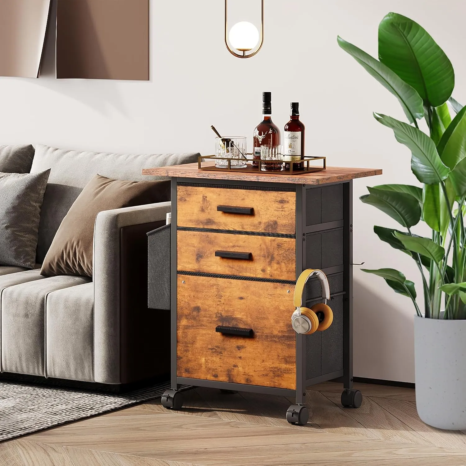 File Cabinet Printer Stand, Fabric Mobile Filing Cabinet with 3 Storage Drawers, for Hanging A4, Letter Size File Folders, Storage Bag and Hooks Home Office, Rustic Brown