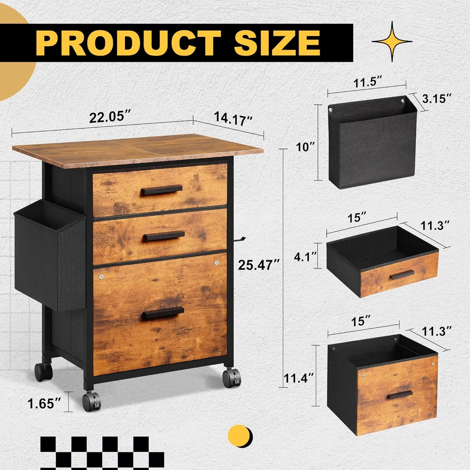 File Cabinet Printer Stand, Fabric Mobile Filing Cabinet with 3 Storage Drawers, for Hanging A4, Letter Size File Folders, Storage Bag and Hooks Home Office, Rustic Brown