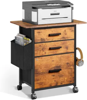 File Cabinet Printer Stand, Fabric Mobile Filing Cabinet with 3 Storage Drawers, for Hanging A4, Letter Size File Folders, Storage Bag and Hooks Home Office, Rustic Brown