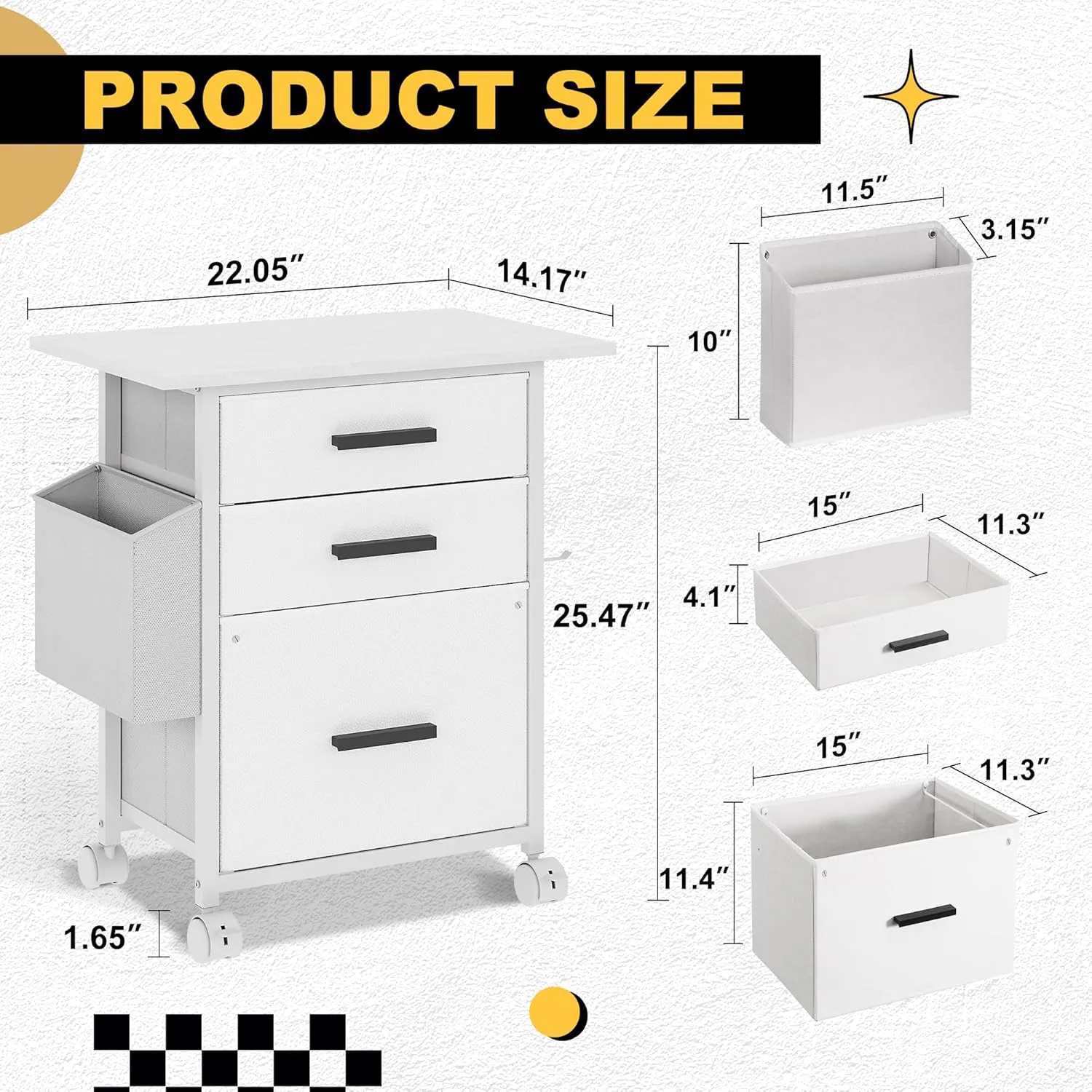 File Cabinet Printer Stand, Fabric Mobile Filing Cabinet with 3 Storage Drawers, for Hanging A4, Letter Size File Folders, Storage Bag and Hooks Home Office, White