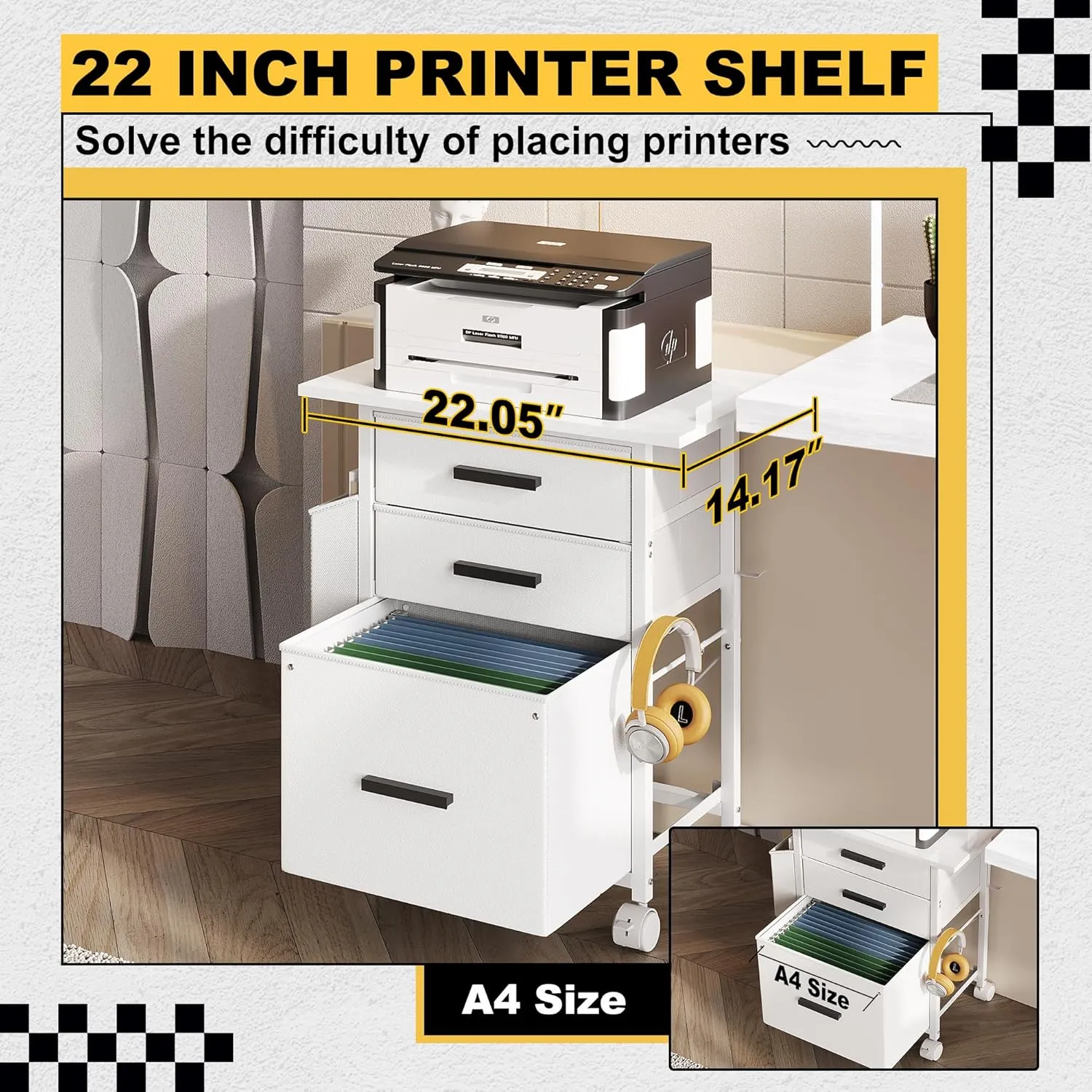 File Cabinet Printer Stand, Fabric Mobile Filing Cabinet with 3 Storage Drawers, for Hanging A4, Letter Size File Folders, Storage Bag and Hooks Home Office, White