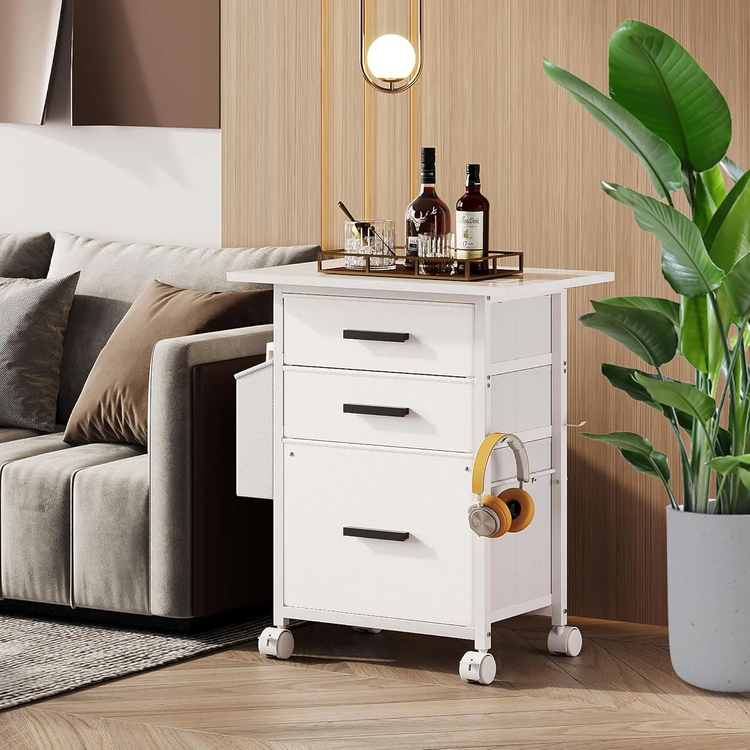 File Cabinet Printer Stand, Fabric Mobile Filing Cabinet with 3 Storage Drawers, for Hanging A4, Letter Size File Folders, Storage Bag and Hooks Home Office, White