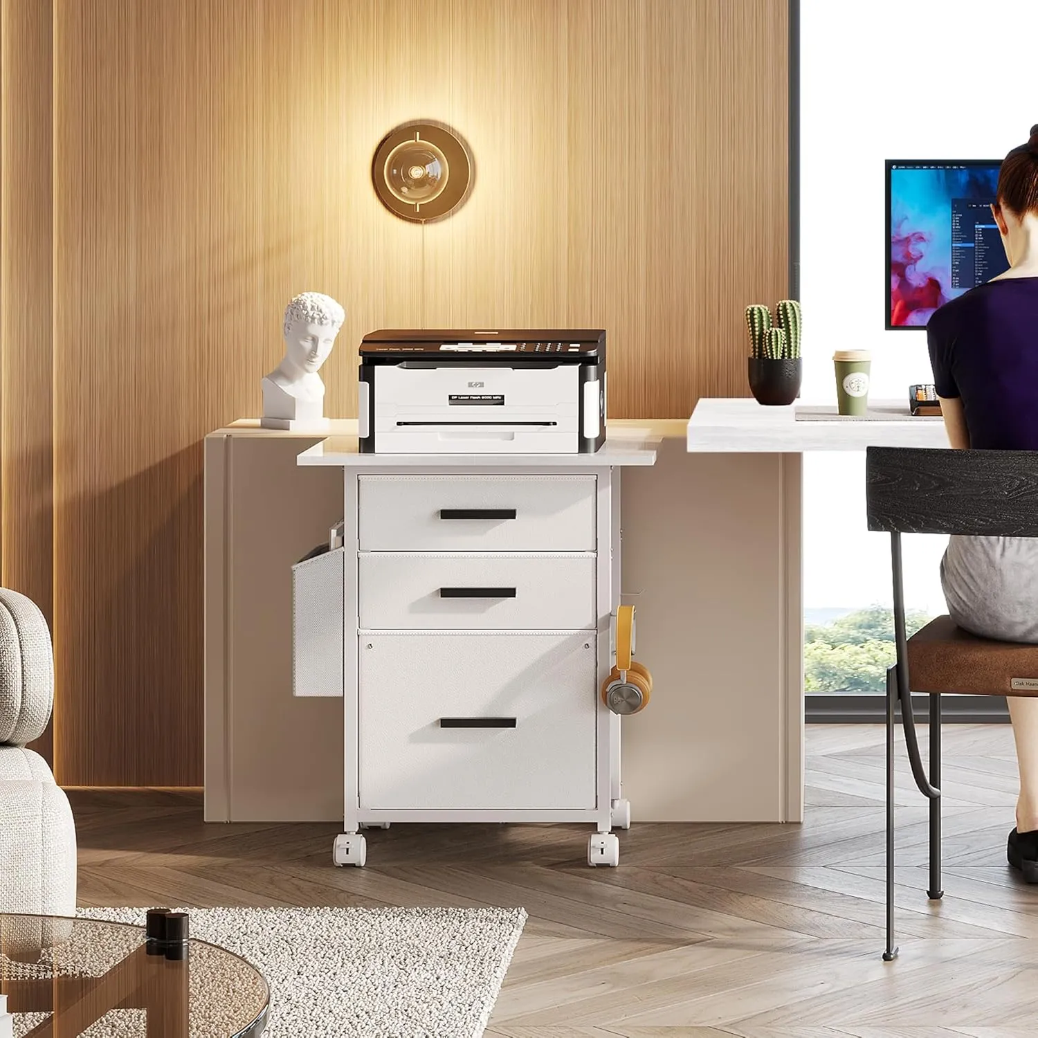 File Cabinet Printer Stand, Fabric Mobile Filing Cabinet with 3 Storage Drawers, for Hanging A4, Letter Size File Folders, Storage Bag and Hooks Home Office, White
