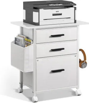 File Cabinet Printer Stand, Fabric Mobile Filing Cabinet with 3 Storage Drawers, for Hanging A4, Letter Size File Folders, Storage Bag and Hooks Home Office, White