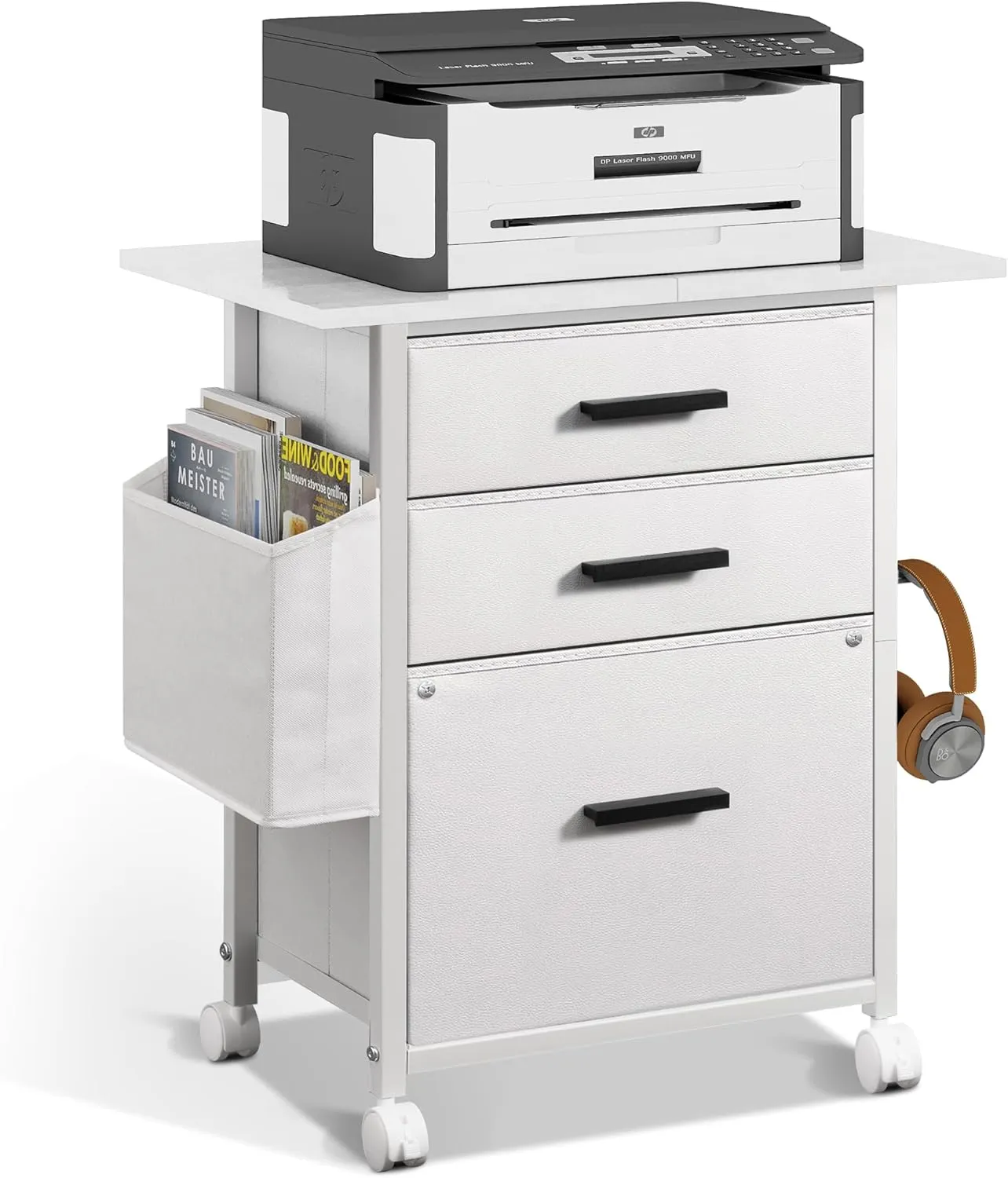 File Cabinet Printer Stand, Fabric Mobile Filing Cabinet with 3 Storage Drawers, for Hanging A4, Letter Size File Folders, Storage Bag and Hooks Home Office, White