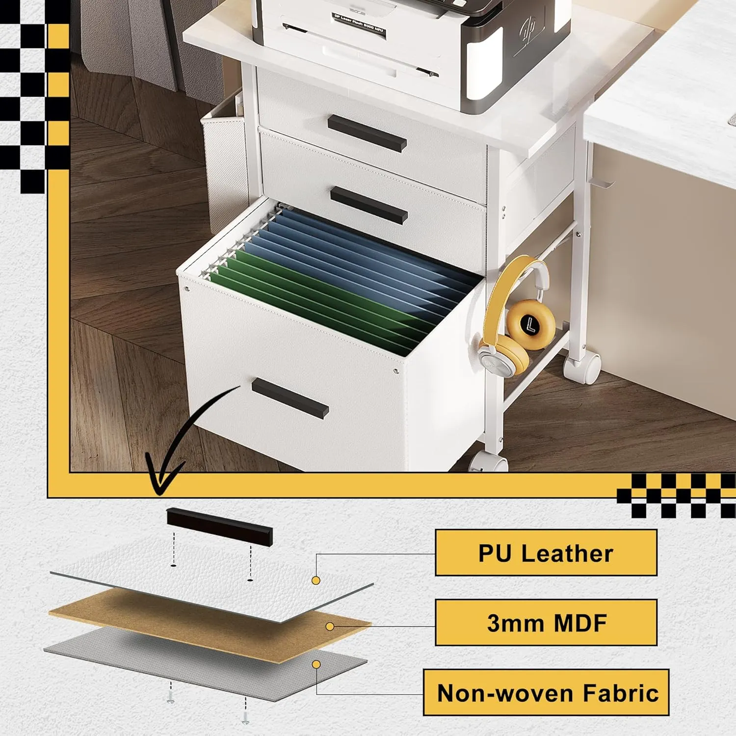 File Cabinet Printer Stand, Fabric Mobile Filing Cabinet with 3 Storage Drawers, for Hanging A4, Letter Size File Folders, Storage Bag and Hooks Home Office, White