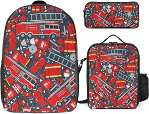 Fire Truck Hydrant Backpack with Lunch Box And Pencil Case Set Flame Danger Travel Daypack Bookbag for Men Women Laptop Backpack 3pcs