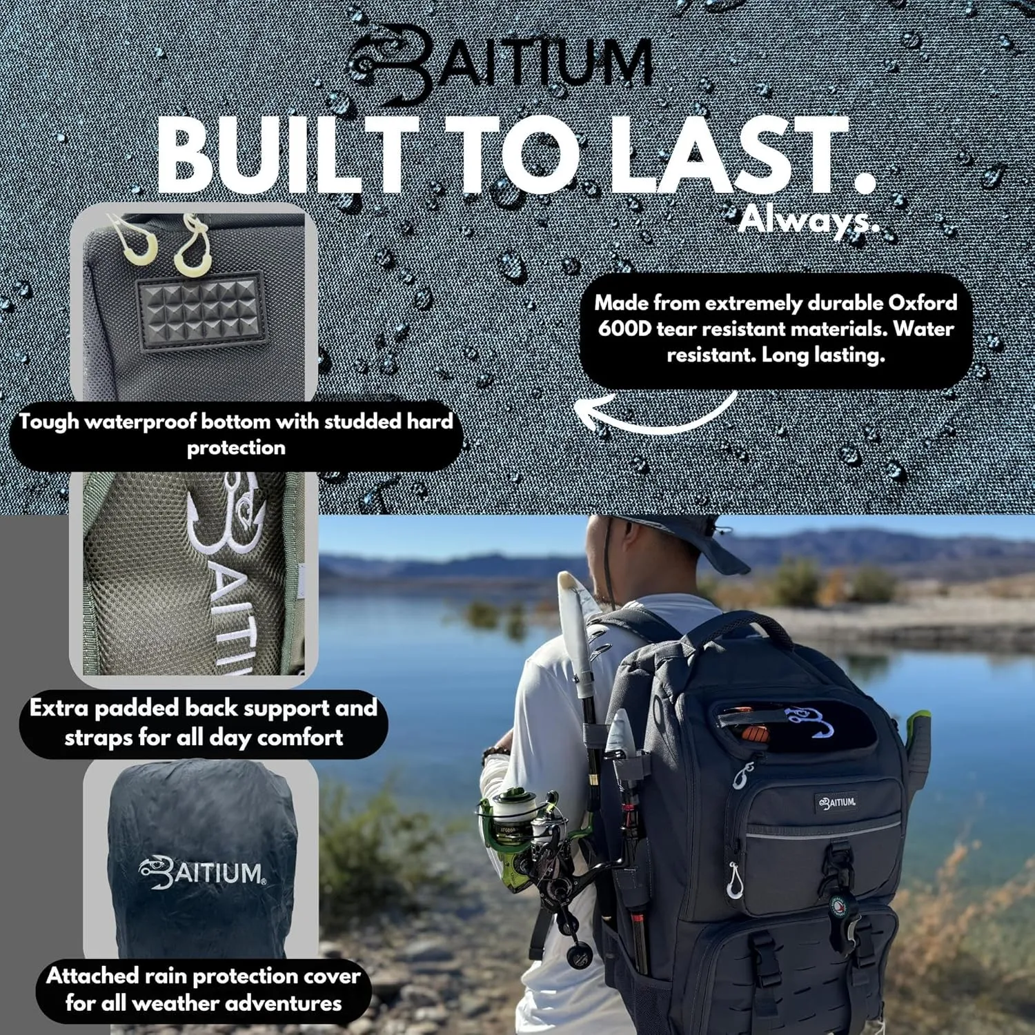 Fishing Backpack, Tackle Bag With Rod Holders, 40L Capacity With Cooler, Rain Cover, Insulated Pocket, 4 Tackle Trays Included - (Grey)