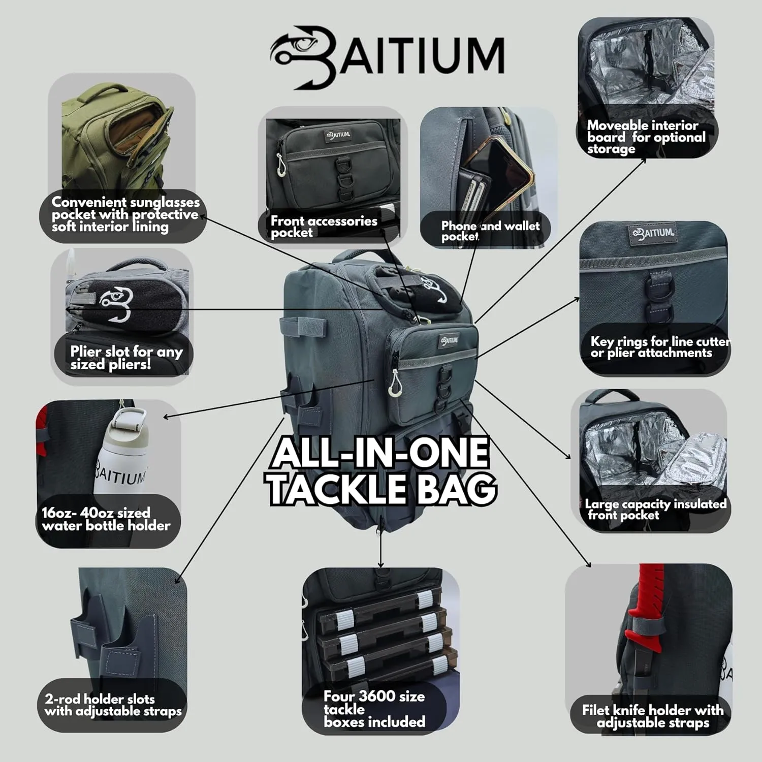 Fishing Backpack, Tackle Bag With Rod Holders, 40L Capacity With Cooler, Rain Cover, Insulated Pocket, 4 Tackle Trays Included - (Grey)