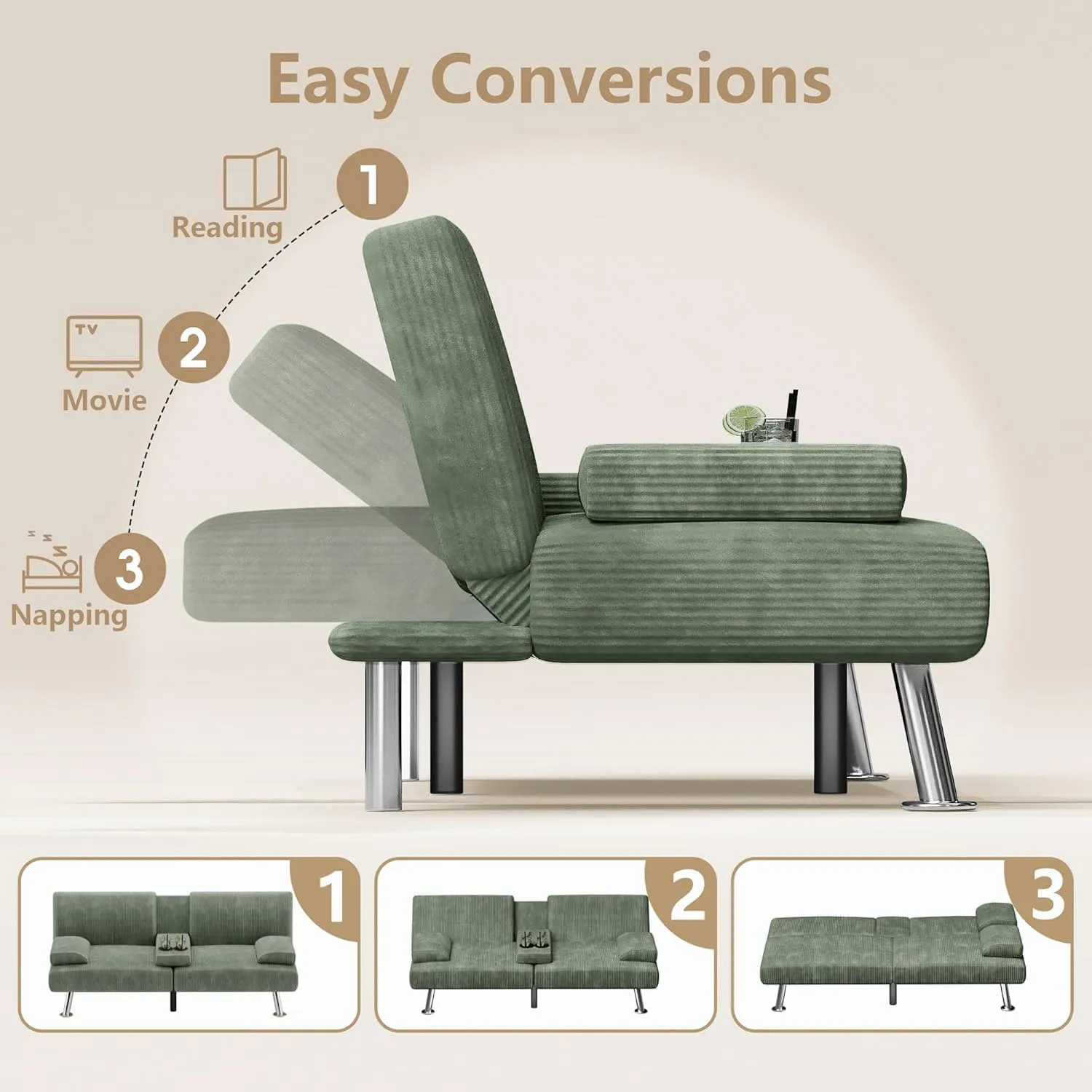 Flamaker Futon Sofa Bed Modern Folding Futon Set Convertible Recliner Lounge for Living Room with 2 Cup Holders, Removable Armrests (Corduroy, Green)
