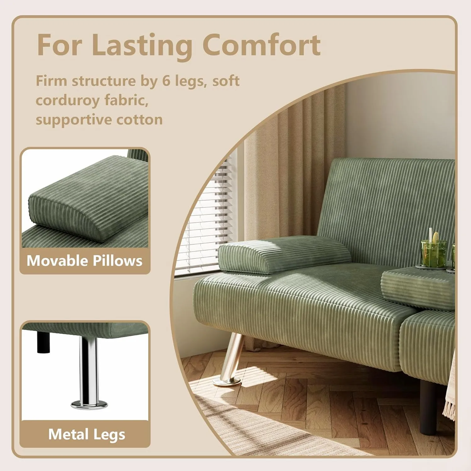 Flamaker Futon Sofa Bed Modern Folding Futon Set Convertible Recliner Lounge for Living Room with 2 Cup Holders, Removable Armrests (Corduroy, Green)