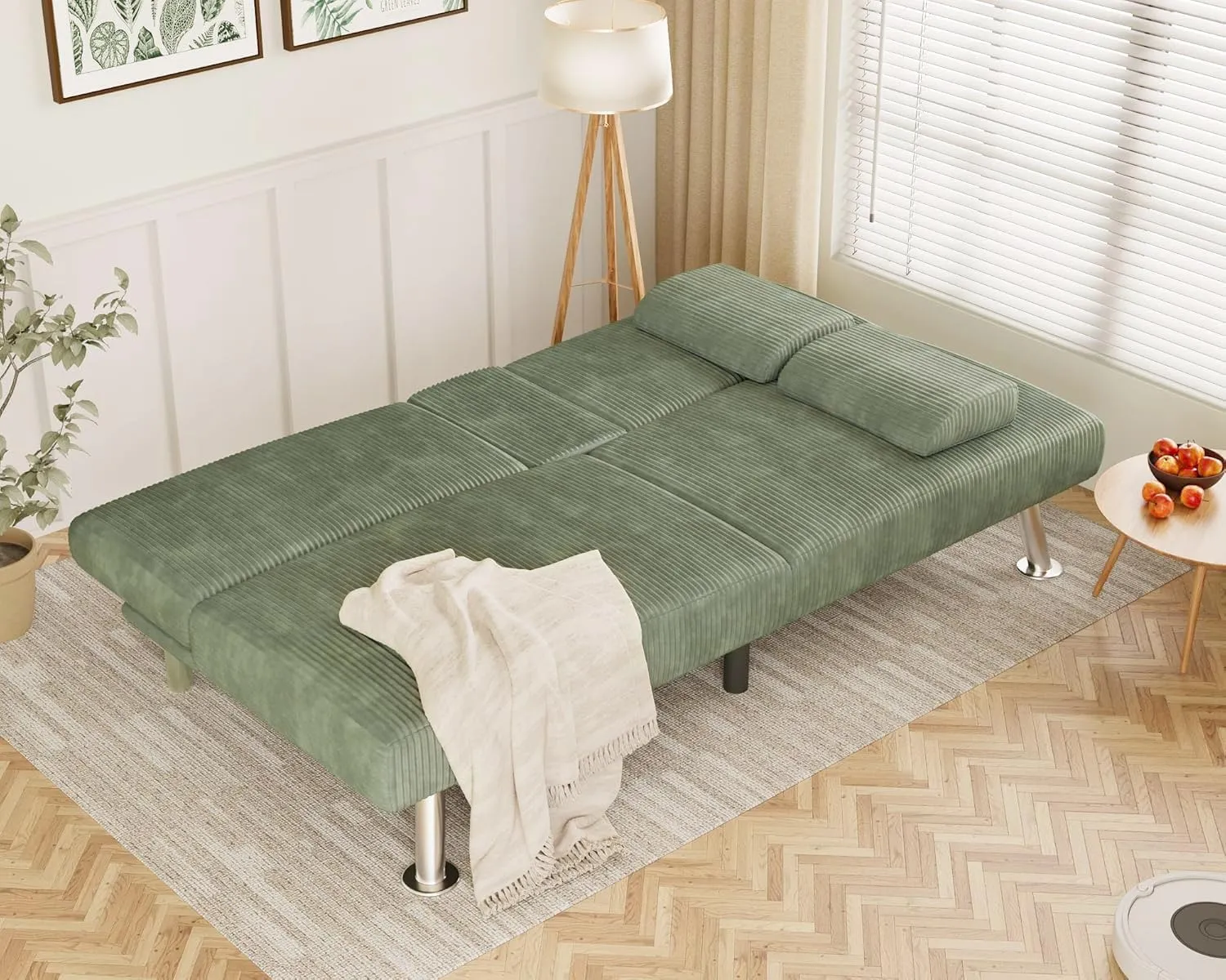 Flamaker Futon Sofa Bed Modern Folding Futon Set Convertible Recliner Lounge for Living Room with 2 Cup Holders, Removable Armrests (Corduroy, Green)