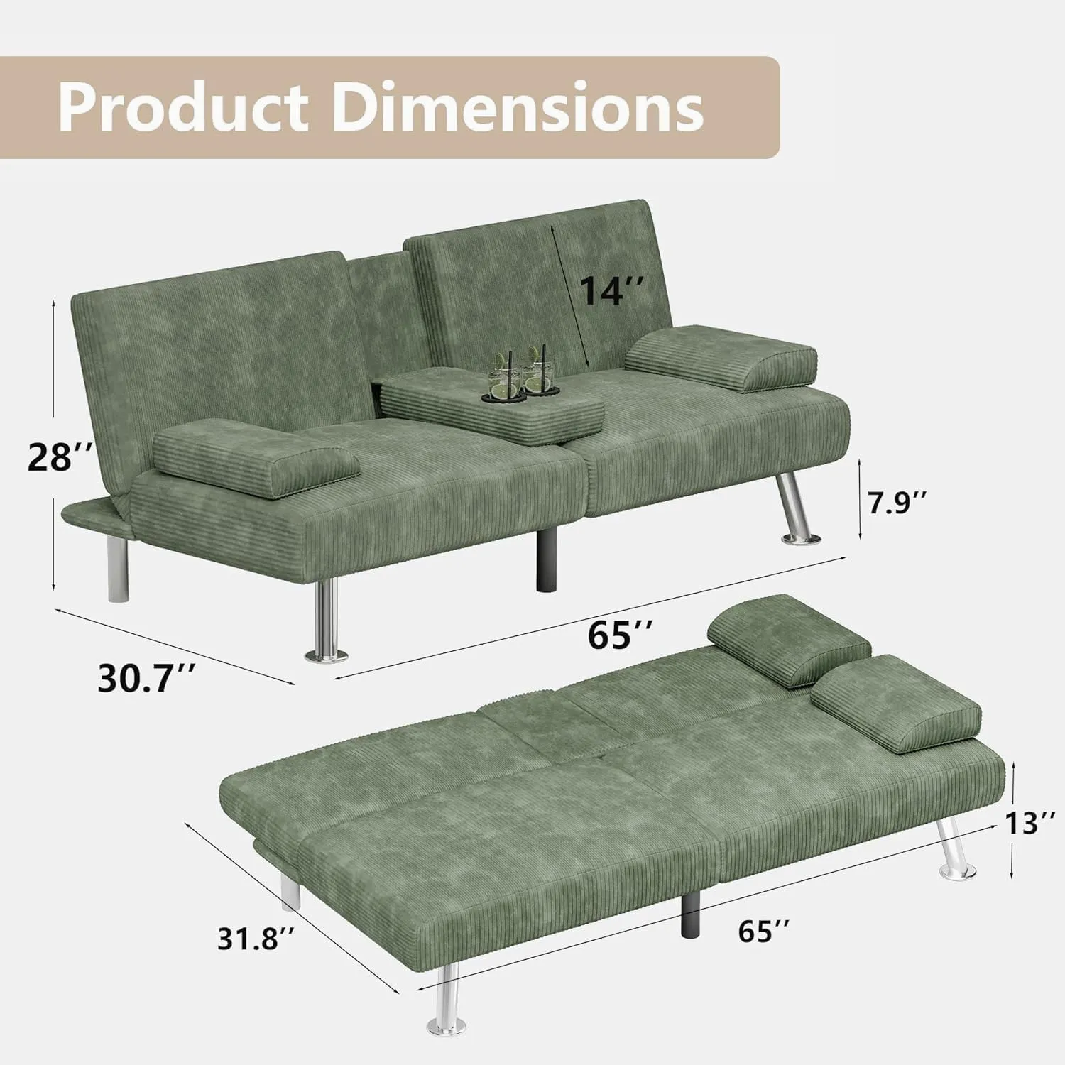 Flamaker Futon Sofa Bed Modern Folding Futon Set Convertible Recliner Lounge for Living Room with 2 Cup Holders, Removable Armrests (Corduroy, Green)