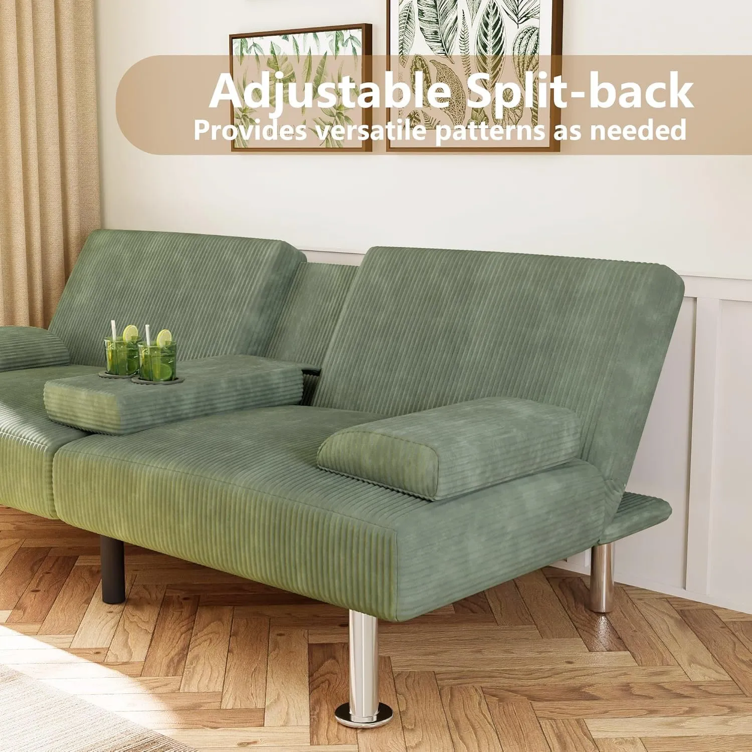 Flamaker Futon Sofa Bed Modern Folding Futon Set Convertible Recliner Lounge for Living Room with 2 Cup Holders, Removable Armrests (Corduroy, Green)